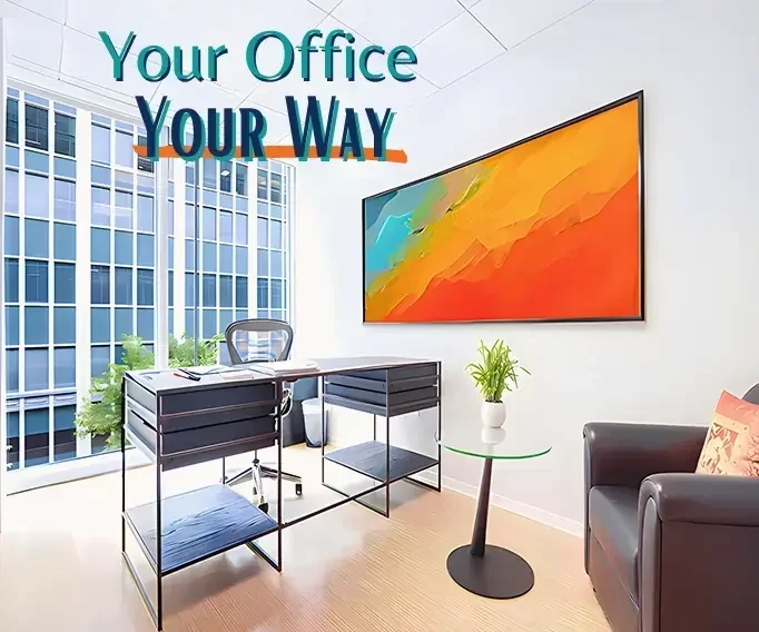 Downtown Washington window office floor to ceiling windows with office desk modern artwork