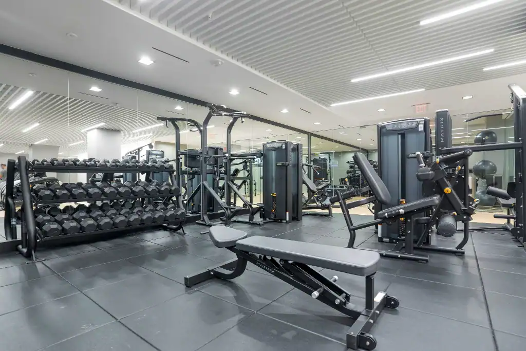 offices come with fitness center with weights and yoga